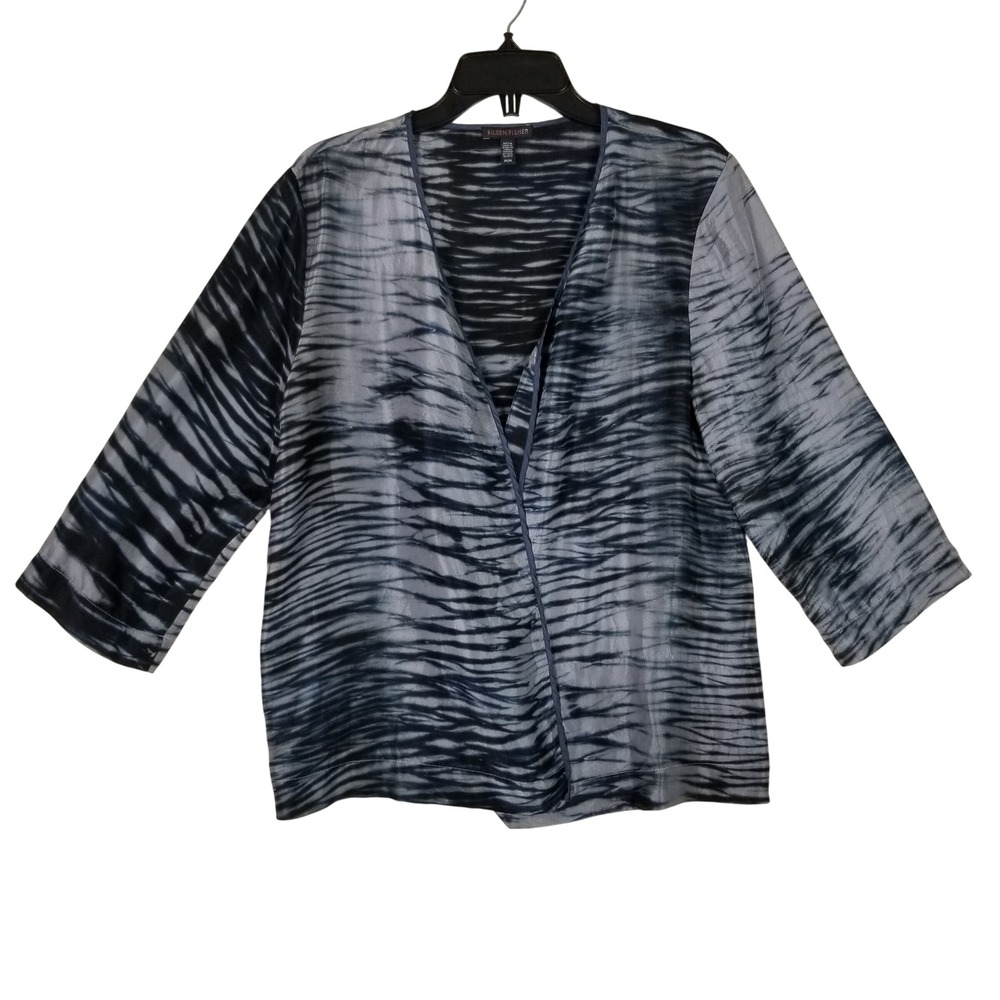Eileen Fisher Kimono Jacket Womens M Blue Gray Silk Shibori Print Open Front